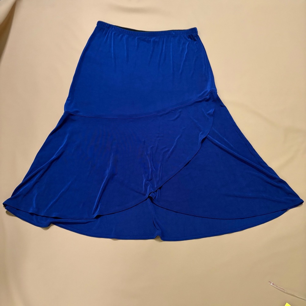 Chicos Travelers Royal Blue Faux Wrap Tulip Midi Skirt Elastic Waist Size 3 XL